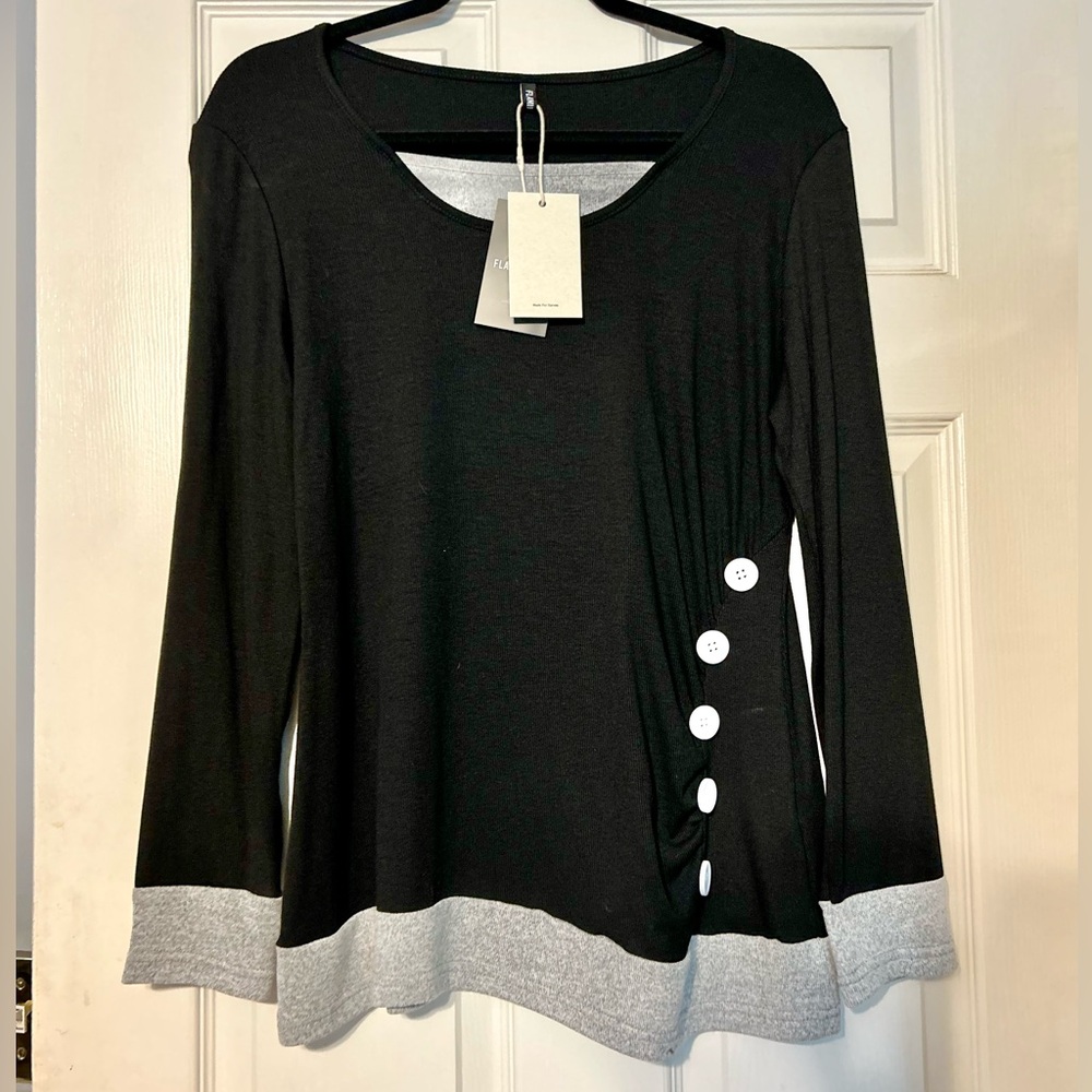 Elegant Black and Gray Long Sleeve Top with Button Accents